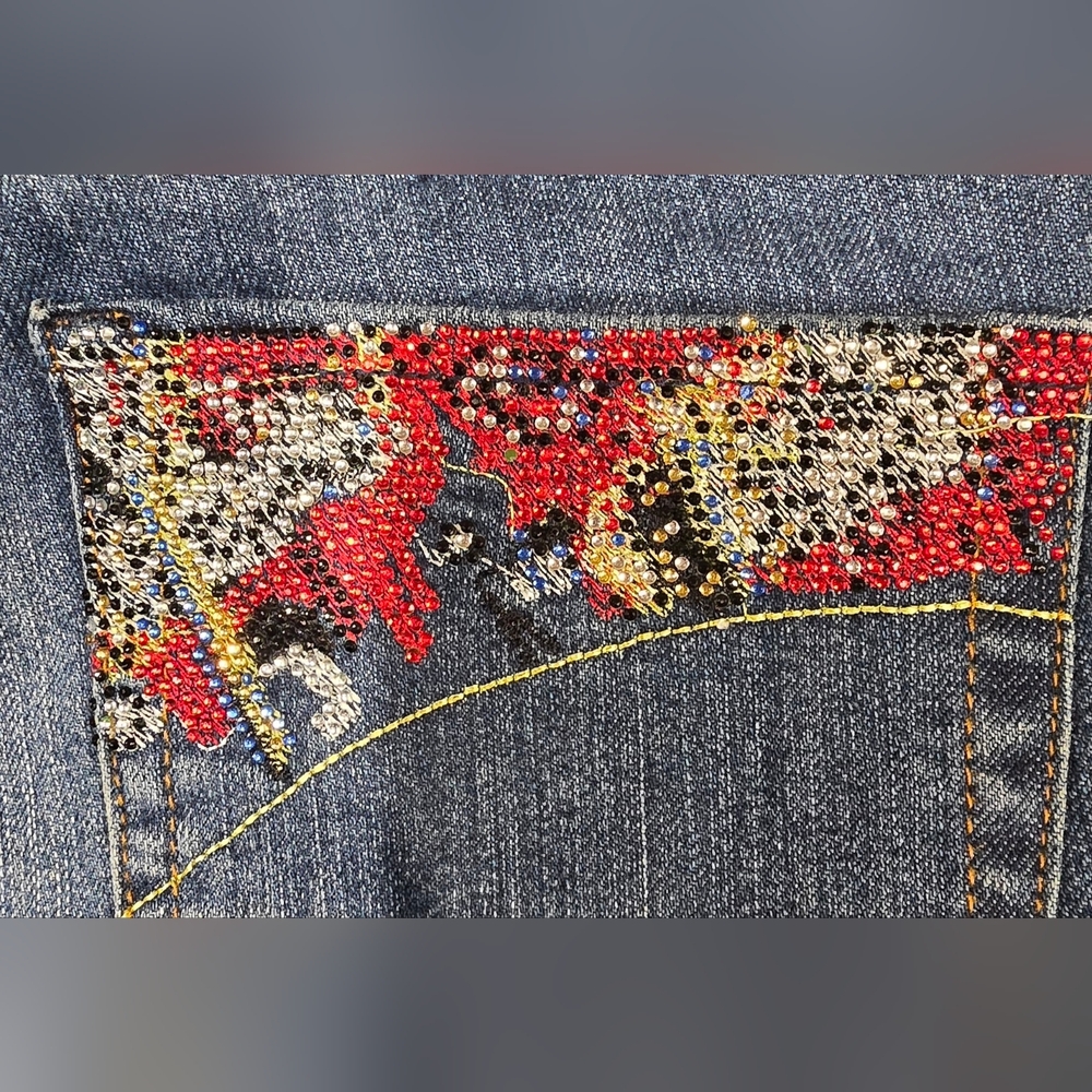 Vintage Ed Hardy Christian Audigier Flare Bedazzled Pocket Jeans Size 32 - Picture 6 of 9